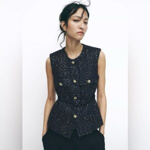 Zara Navy Blue Belted tweed vest